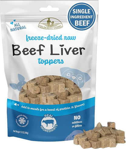 Fieldcrest Farms Freeze-Dried Beef Liver Dog Food Topper or Treat, 100% Single Ingredient Beef Liver, High-Protein, Raw & Grain-Free, 12 oz