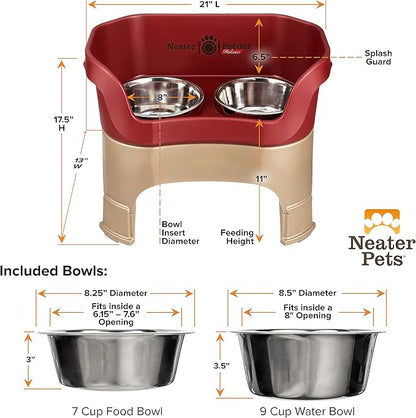 Neater Feeder Deluxe Mess-Proof Elevated Dog Bowls for Large Dogs (40+ lbs), 2 Height Adjustable (14.5” & 17.5”) No-Spill Raised Dog Bowl Stand, Stainless Steel Food Bowl Set, Made in USA, Cranberry