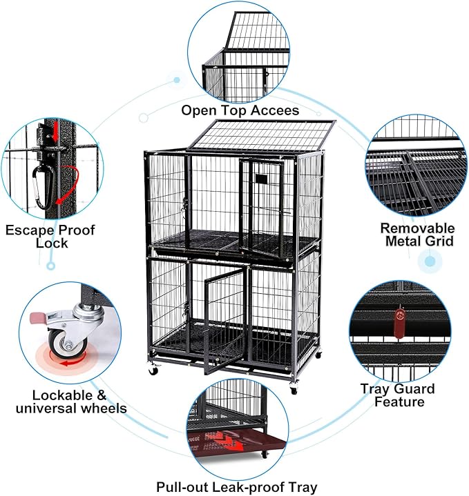 Homey Pet 31 Inch Two Tiers Heavy Duty Dog Crate Cage Kennel with Four Lockable Wheels, Removable Tray, Escape Proof Wire Drop Dog Crates for Small Dogs
