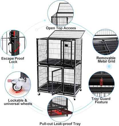 Homey Pet 31 Inch Two Tiers Heavy Duty Dog Crate Cage Kennel with Four Lockable Wheels, Removable Tray, Escape Proof Wire Drop Dog Crates for Small Dogs