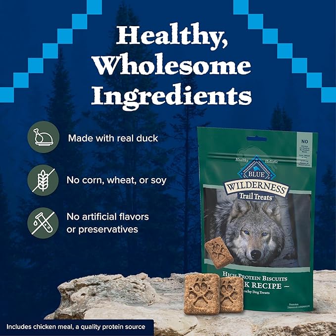 Blue Buffalo Wilderness Trail Treats High Protein Grain Free Dog Biscuits Crunchy Dog Treats, Duck Recipe, 10-oz Bag