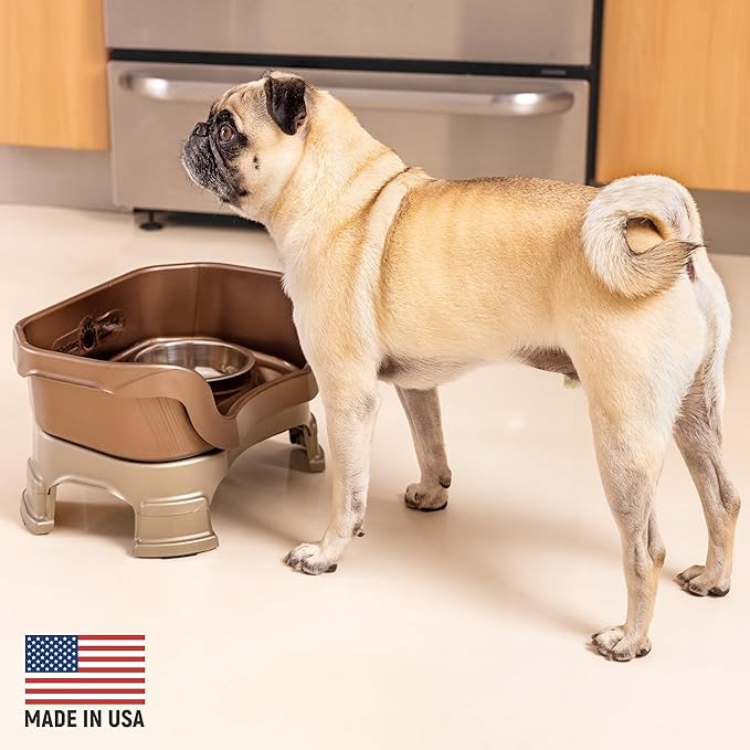 Neater Feeder Deluxe Mess-Proof Elevated Dog Bowls for Small Dogs (Up to 19 lbs), 2 Height Adjustable (6” & 7.5”) No-Spill Raised Dog Bowl Stand, Stainless Steel Food Bowl Set, Made in USA, Bronze