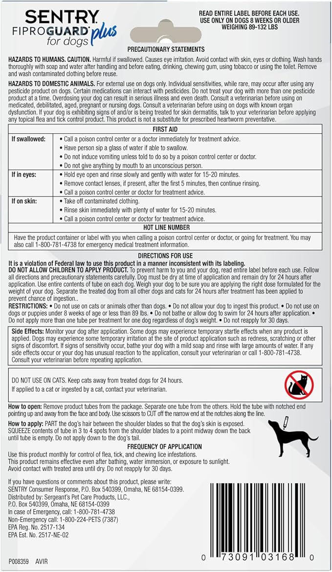 Sentry Fiproguard for Dogs, Flea and Tick Prevention for Dogs (89-132 Pounds), Includes 3 Month Supply of Topical Flea Treatments
