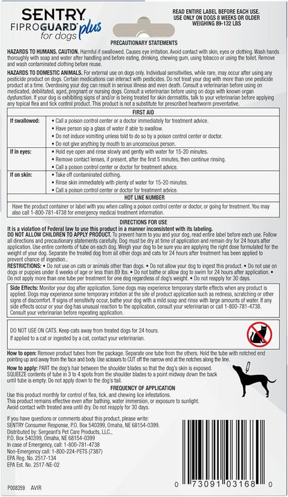 Sentry Fiproguard for Dogs, Flea and Tick Prevention for Dogs (89-132 Pounds), Includes 3 Month Supply of Topical Flea Treatments