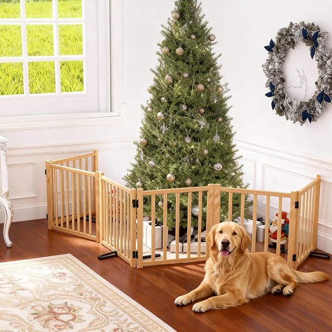 YOCAN Paint-Free Wooden Freestanding Dog Gates for The House,Doorways, Stairs,Wood Dog Fences Indoor Pet Gate,Step Over Fence-6 Panel H:23”