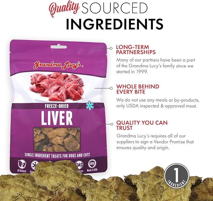 Grandma Lucy’s Singles Pet Treat, Freeze-Dried Single Ingredient Treats for Dogs and Cats - Liver, 2.5 oz