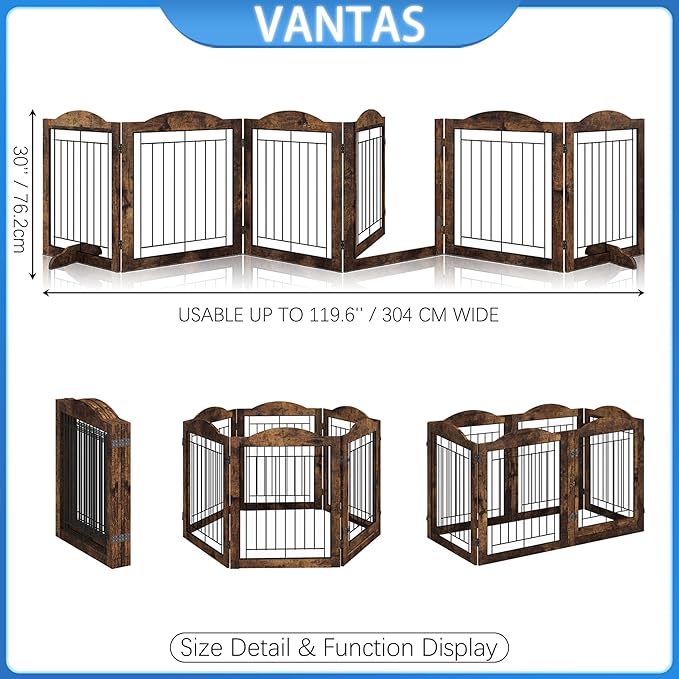 Vantas Folding No-Assembly Dog Door Pet Gate 144" Wide, 30" Tall Wooden Dog Gate with Door Walk Through, Freestanding Wire Pet Gate, Pet Puppy Safety Fence, with 2PCS Support - Rustic Brown