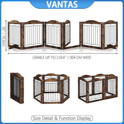 Vantas Folding No-Assembly Dog Door Pet Gate 144" Wide, 30" Tall Wooden Dog Gate with Door Walk Through, Freestanding Wire Pet Gate, Pet Puppy Safety Fence, with 2PCS Support - Rustic Brown