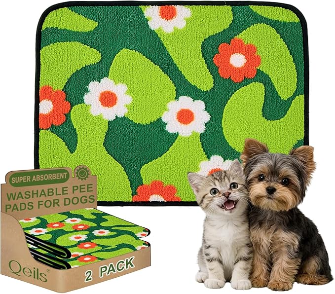 Qeils Reusable Puppy Pads for Small Dogs, Washable Pee Pads with Non-Slip , Absorbent Leakproof Mat for Crates, Playpens, Pet Beds & Whelping, Indoor Potty Training Grass Green, 18"x24", 2 Pack