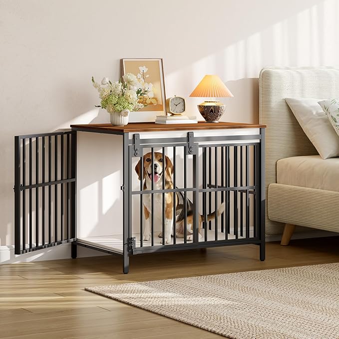 HOOBRO Dog Crate Furniture with Sliding Barn Door, Dog Kennel Indoor for Small/Medium Dogs, Heavy Duty Dog Cage with 2 Doors, End Table for Living Room, Bedroom, Rustic Brown and Black BWH73GW03