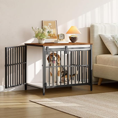 HOOBRO Dog Crate Furniture with Sliding Barn Door, Dog Kennel Indoor for Small/Medium Dogs, Heavy Duty Dog Cage with 2 Doors, End Table for Living Room, Bedroom, Rustic Brown and Black BWH73GW03