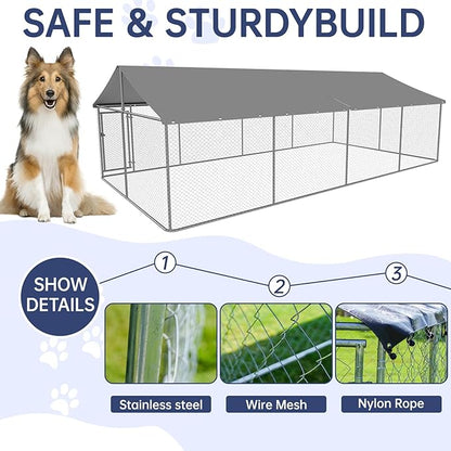 Petony 236"x 118" Outdoor Dog Enclosure Heavy Duty Dog Kennel House Mesh Dog Big Cage Pet Kennel Steel Fence with Secure Lock