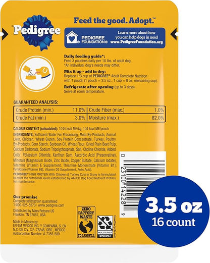 Pedigree High Protein Dog Food, Adult Wet Dog Food Pouches, Chicken & Turkey, 3.5 oz. Pouches, 16 Count
