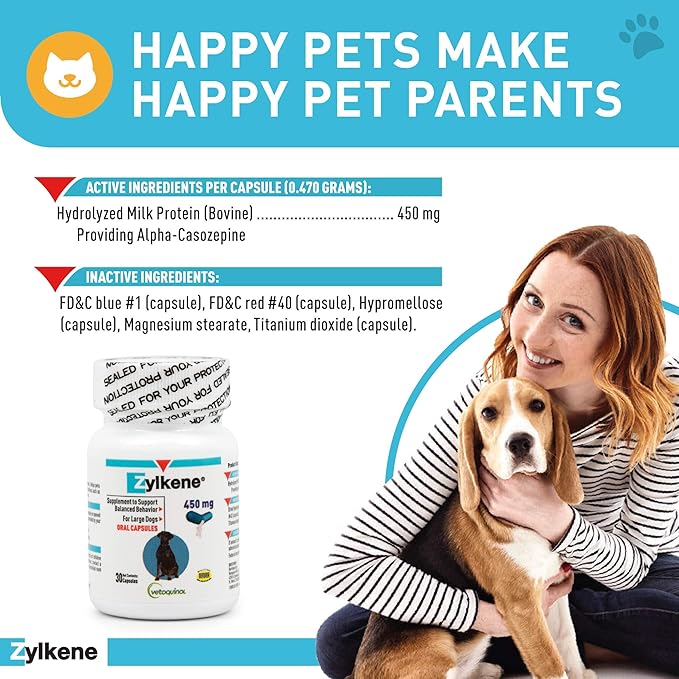 Vetoquinol Zylkene Calming Support Supplement for Large Dogs 33-132lbs, Helps Promote Relaxation and Reduce External Stress Factors, Daily Behavioral Support and Anxiety Relief for Dogs, 450mg