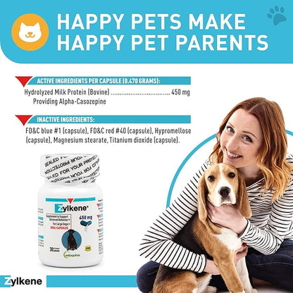 Vetoquinol Zylkene Calming Support Supplement for Large Dogs 33-132lbs, Helps Promote Relaxation and Reduce External Stress Factors, Daily Behavioral Support and Anxiety Relief for Dogs, 450mg