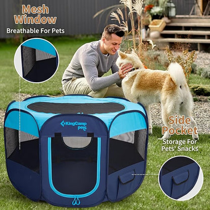 KingCamp Dog Playpen, Portable Foldable Cat Kitten Puppy Tent Crates 29"/36"/50" Pop Up Pet Playpen with Zippered Bottom & Cover for Indoor Outdoor Use (X-Large, Blue)