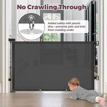 Retractable Baby Gate for Stairs, 55" Wide Mesh Dog Gate Indoor, 34" Tall Child Gate for Doorways, Hallways, Deck, Indoor Outdoor Pet Baby Safety Essentials for Home, Black