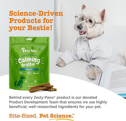 Zesty Paws OraStix for Dogs - Calming Dental Sticks for Stress with Hemp Melatonin Chamomile Dog Healthy Teeth and Gums Calm Composure for Fireworks and Thunderstorms - 25oz
