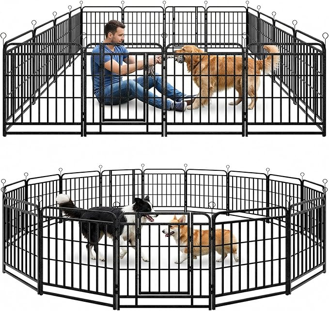 Dog Playpen Outdoor 16 Panels 32'' Rustproof Metal Dog Fence with Gate Small Medium Portable Large Dog Play Pen 36FT, 96 Sq.ft for RV Camping, Trips, Play Yard