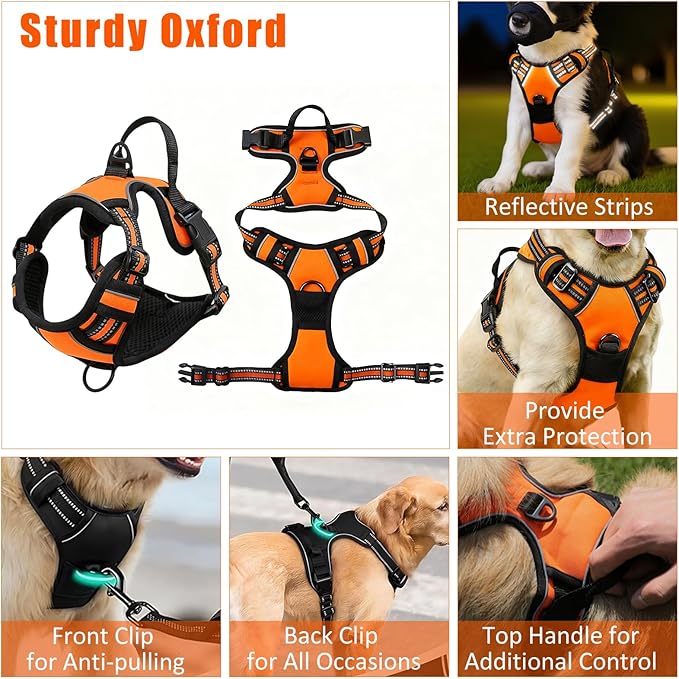 No Pull Dog Harness Adjustable Collar & Leash Set - Dog Halter Harnesses Collapsible Bowls & Poop Bag Dispenser Muzzle ID Tags Toys Fits Small Medium Large Dogs (Orange-L)