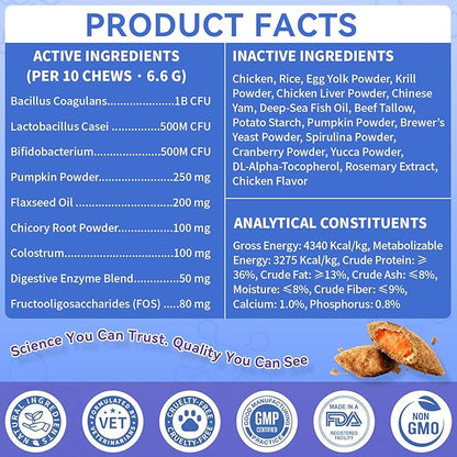 Dog Probiotics Chews 500 Chews, Sensitive Stomach Support Crunchy Shell with Krill Core, Triple Probiotics & Prebiotics, Digestion, Immunity & Skin Care, Chicken Flavor, for All Breeds & Sizes Dogs