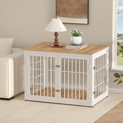 rehomerance 42 Inch Heavy Duty Dog Crate Furniture for Large and Medium Dogs, Decorative Pet House End Table, Wooden Cage Kennel Furniture Indoor, Natural and White