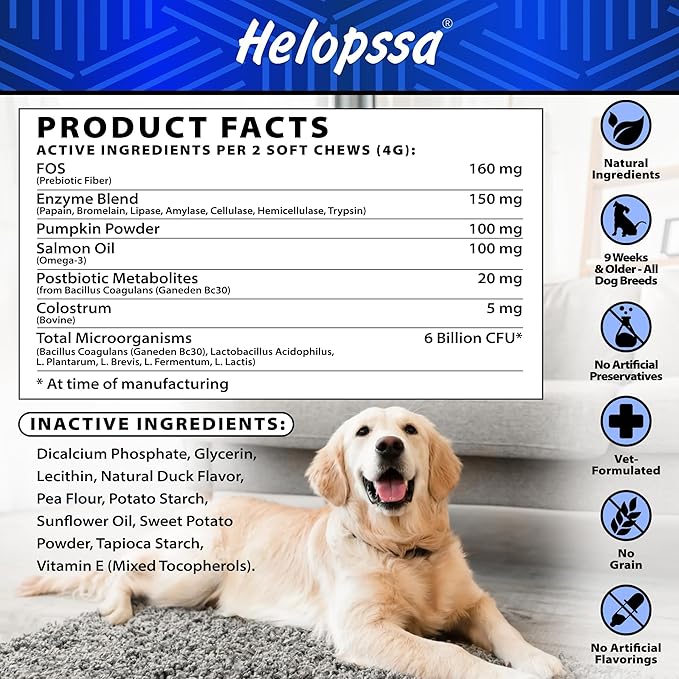 Dog Probiotics - 6 Billion CFU - Without Yeast - w/Prebiotics, Enzymes, Pumpkin - Advanced Probiotics for Dogs for Gut & Digestive Health, Seasonal Allergies & Itchy Skin, Yeast Balance - 120 Treats