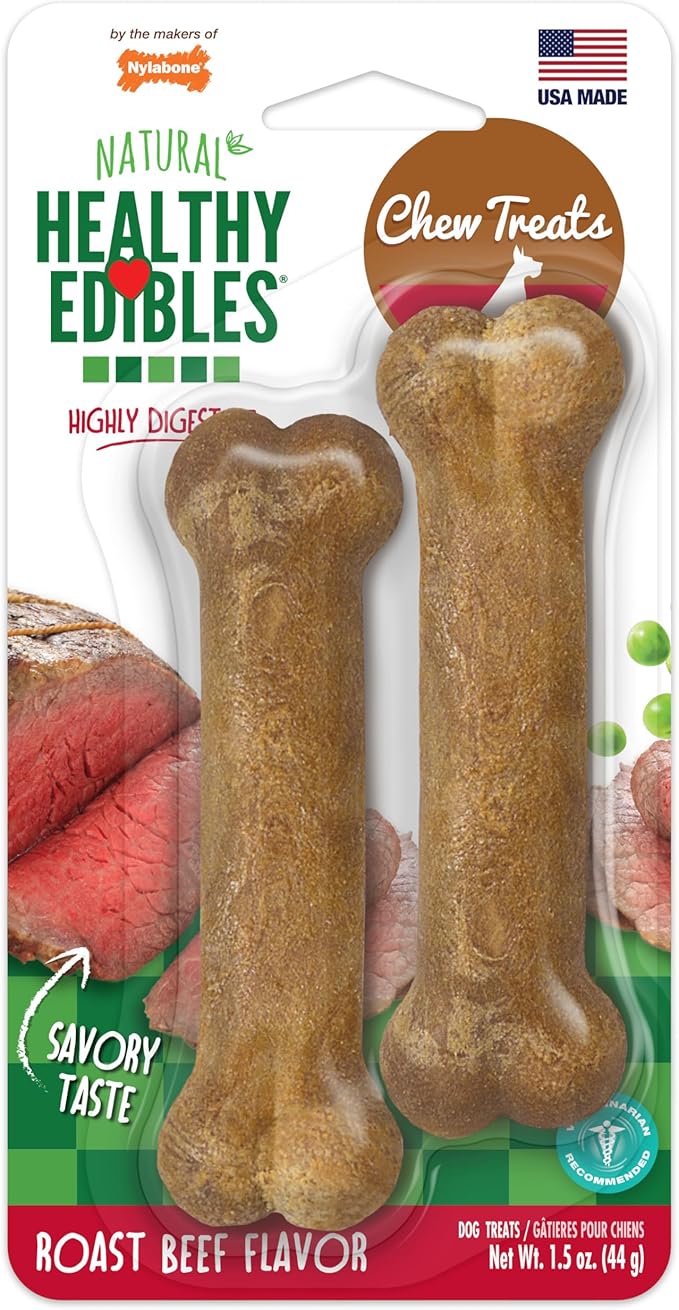Nylabone Healthy Edibles Natural Dog Chews, Long Lasting Bones for Dogs, Roast Beef Flavor Dog Treats, X-Small (2 Count)
