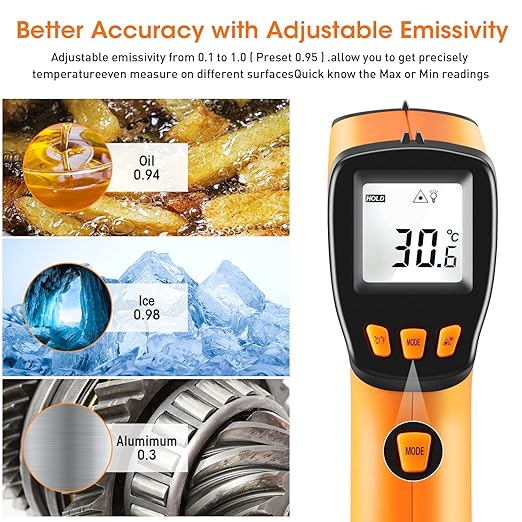 Infrared Thermometer Gun -58°F to 788°F, Laser Temperature Gun with Adjustable Emissivity, Non Contact Laser Thermometer for Cooking/BBQ/Pizza Oven/Grill & Engine - Heat Temperature Gun