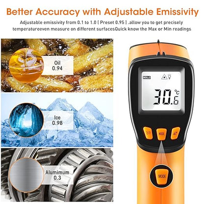 XRCLIF Infrared Thermometer Gun -58°F to 1022°F, Non-Contact Laser Thermometer with LCD Display, Temperature Measurement Gun for Cooking, BBQ, Oven, Adjustable Emissivity
