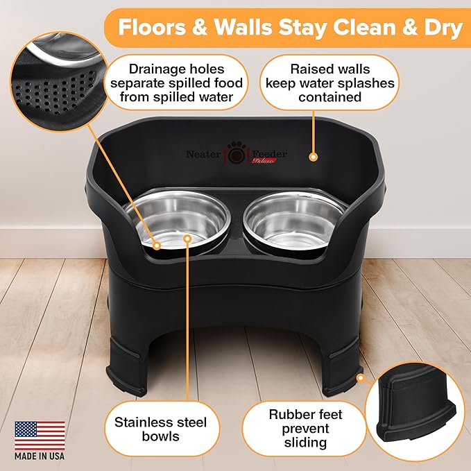 Neater Feeder Deluxe Mess-Proof Elevated Dog Bowls for Large Dogs (40+ lbs), 2 Height Adjustable (14.5” & 17.5”) No-Spill Raised Dog Bowl Stand, Stainless Steel Food Bowl Set, Made in USA, Black