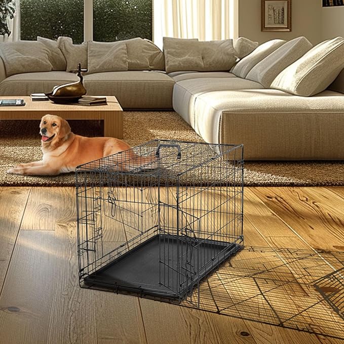 DUMOS Dog Crate, 36 Inch Medium Double Door Dog Cage with Plastic Leak-Proof Pan Tray, Folding Metal Wire Pet Kennel for Indoor, Outdoor, Travel, Black