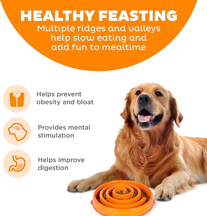 Outward Hound Fun Feeder Slo Bowl – Large 4‑Cup Capacity, Slow Feeding, Medium to Large Dogs, Non‑Slip, Orange, Swirl Pattern