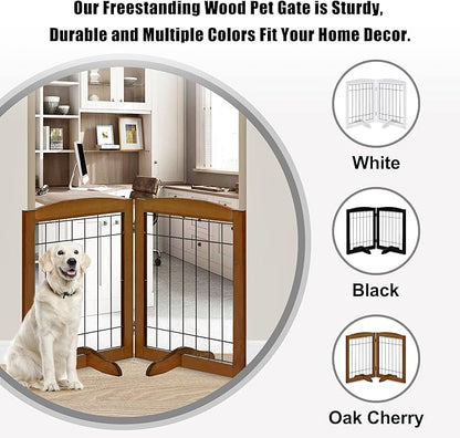 LZRS 2-Panel Freestanding Adjustable Wooden Dog Gate—30” Tall Foldable Pet Barrier with Support Feet, Solid Hardwood & Chew-Resistant Steel Wire for Doorways, Hallways, and Stairs, Oak Cherry