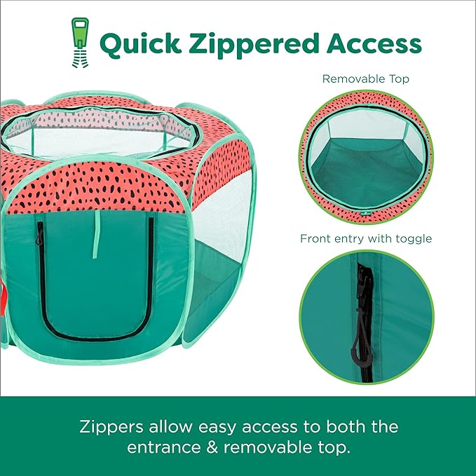 Furhaven Portable Dog Playpen Cat Tent, Pet Playground,Kennel Foldable Indoor Outdoor Zippered Puppy Crate - Green & Pink, Medium
