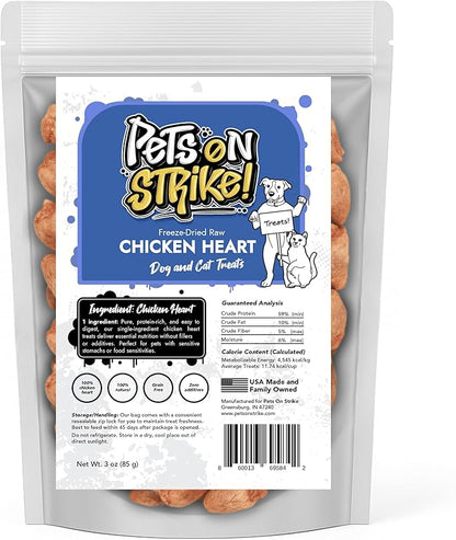 Freeze Dried Chicken Hearts for Dogs & Cats (3oz) – Single Ingredient Dog Treats – USA Sourced & Made – High Protein, All Natural, Grain Free – Raw Freeze-Dried Training Treats