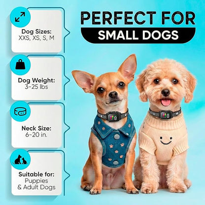 Tiny Bark Collar for Small Dogs 5-15 lbs and Puppies - No Shock Anti Barking Collar - Rechargeable Smart Collar for Dog Training with 7 Sensitivity Levels and 3 Beep&Vibration Modes (Black)