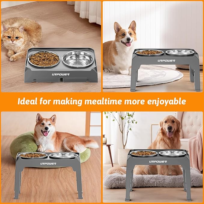 URPOWER Raised Dog Bowls 4 Height Adjustable Elevated Bowl Stand with Stainless Steel Water Bowl Non-Slip Dog Food Bowls Stand for Small Medium Large Dogs and Pets