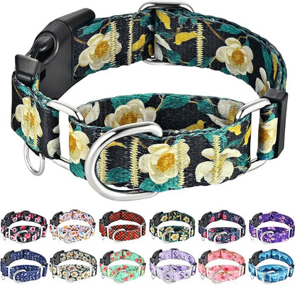 Martingale Collar for Dogs with Buckle Pretty Cute Floral Nylon Dog Collars for Medium Dogs (Luxury Golden Flowers, Medium)