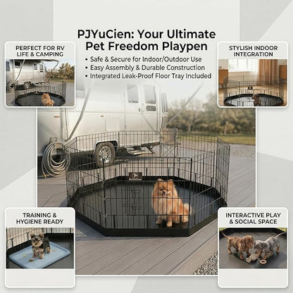 PJYuCien Dog Playpen with Bottom Pad - Metal Foldable Exercise Pen, 8 Panels 24" H x 24" W Indoor Outdoor Pet Fence Puppy Crate Kennel, Black