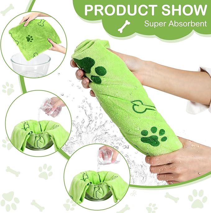 Chumia 8 Pcs Dog Towels for Drying Dogs Cats Pet Towels Bulk Puppy Microfiber Fast Drying Paw Bath Bathing Supplies Absorbent for Medium Pets(40 x 24 Inch,Dog Paw and Bone,Hot Pink,Green)