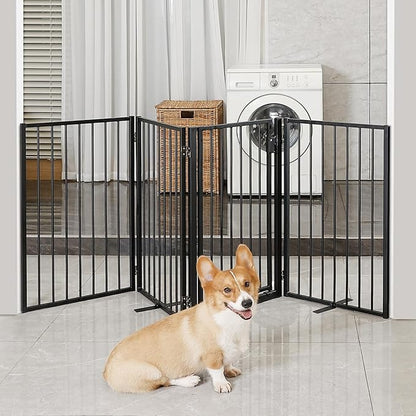Metal Freestanding Dog Gates with Door for Outdoor Indoor,80'' Extra Wide Free Standing Dog Gate for Doorways,Large Openings,Deck,Yard,Porch,Foldable Safety Pet Fence(Black,4 Panels)