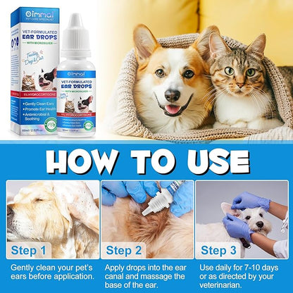 VOSIFSDIY Dog Cat Ear Infection Treatment Drops, Pets Ear Cleaning Drops with 1% Hydrocortisone for Dog & Cats Yeast Infection, Itchy Ear Relief, Pet Ear Care Supplies for Dogs & Cats -2fl oz(2PCS)