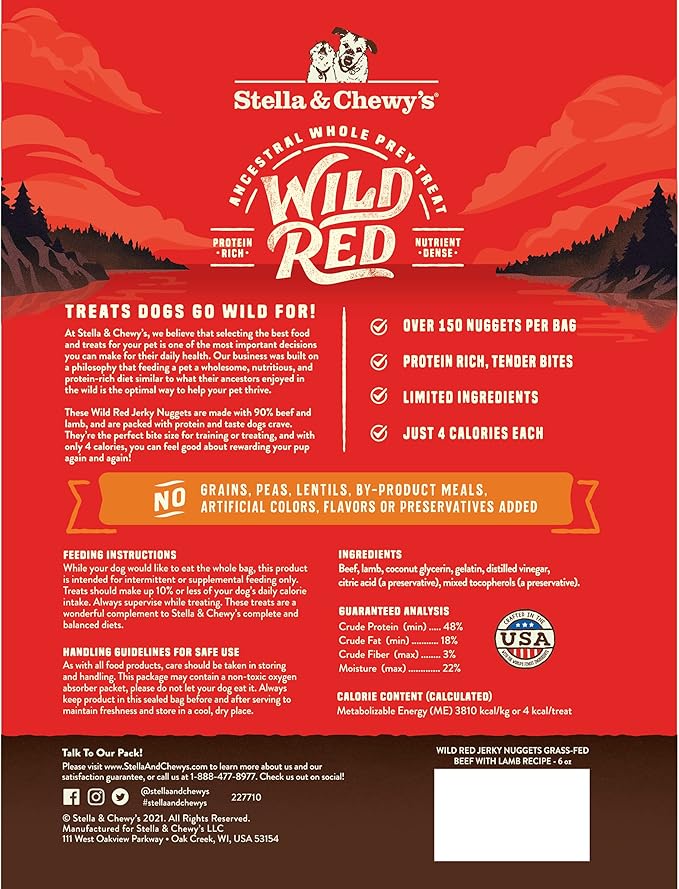 Stella & Chewy's Wild Red Jerky Nuggets - 90% Protein-Rich Beef & Lamb Dog Treats - Grain-Free Training Rewards for All Breeds - Made in USA - 6 oz Bag
