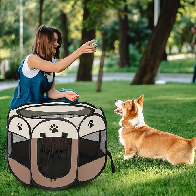 Dog playpen, Foldable Puppy Playpen, Pet Playpen Carrier Pop Up Tent 8-Panel Mesh Cover Adorable Design 600D Soft Oxford Playpen Kennel for Indoor-Outdoor Dog Cat Rabbit. (M 35" 35" 24", Brown)