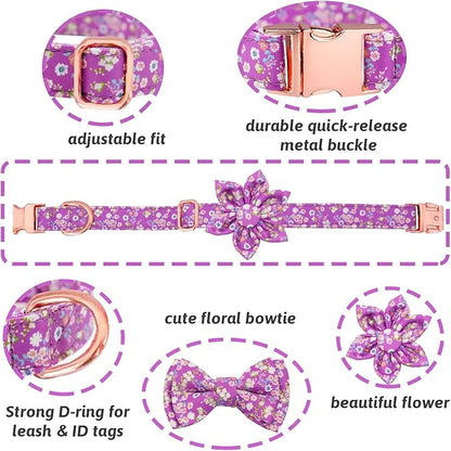 Dog Collar and Leash Set Girls Adjustable Puppy Collars with Floral Bow Tie for Small Medium Large Female Dogs, Purple, S