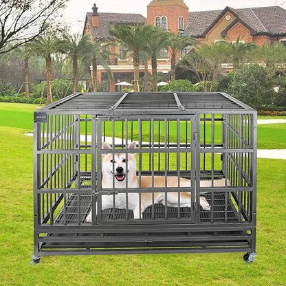 Confote 48" Heavy Dog Duty Cage Metal Indestructible Dog Kennels Crate for Large Dogs with Double Doors & Lockable Wheels