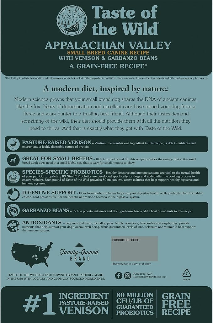 Taste of the Wild Appalachian Valley Small Breed Grain-Free Recipe with Roasted Venison Dry Adult Dog Food, Made with High Protein from Real Venison 28lb