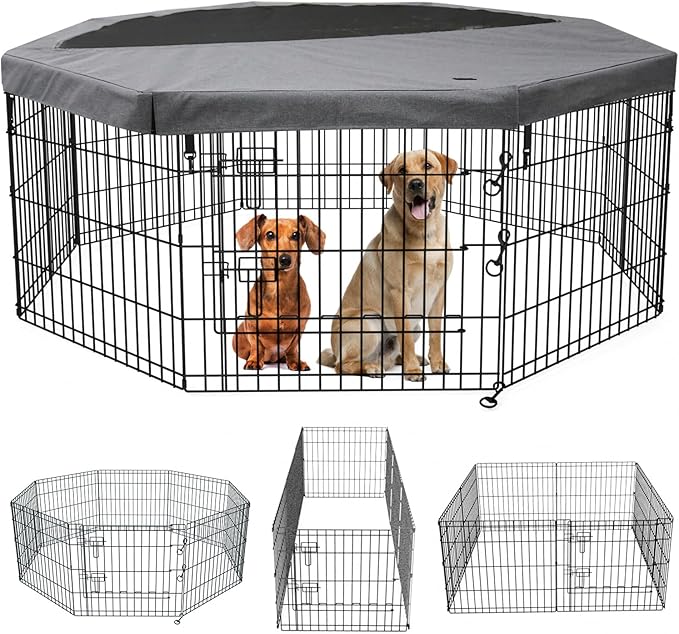 PETIME Foldable Metal Dog Exercise Pen/Pet Puppy Playpen Kennels Yard Fence Indoor/Outdoor 8 Panel 24" W x 30" H with Top Cover (with top Cover, 8 Panels 30" H)