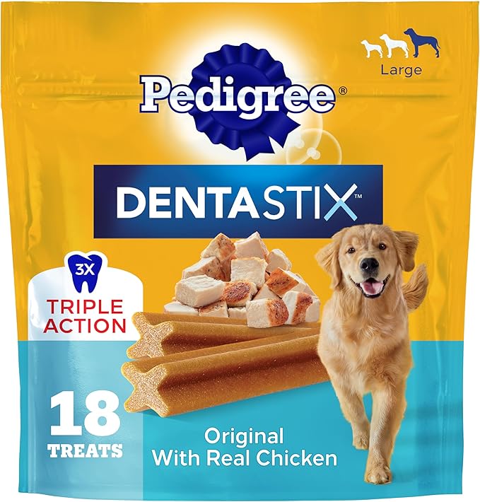 Pedigree Dentastix Large Dog Treats, Original Flavor with Real Chicken, 14.99 oz. Bag (18 Treats Total)